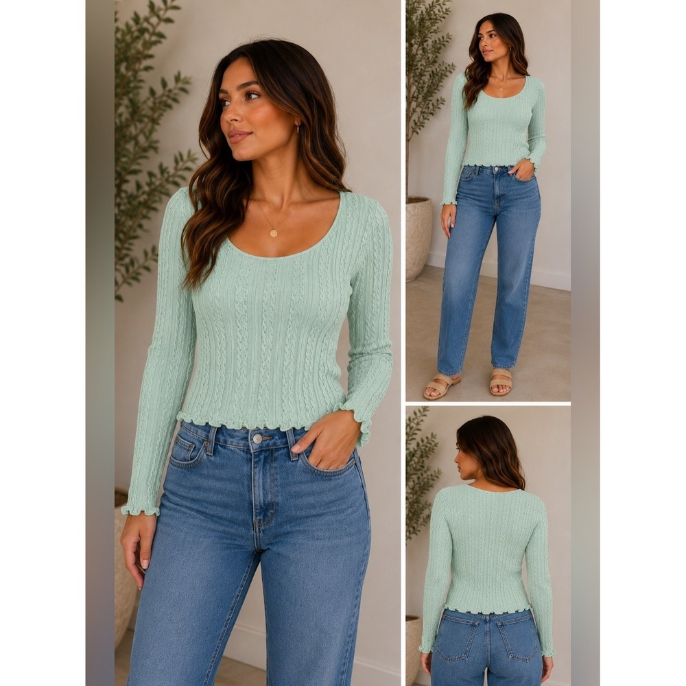 Forever 21 Knit Top Long Sleeve Cable Knit Ruffle Trim Size M